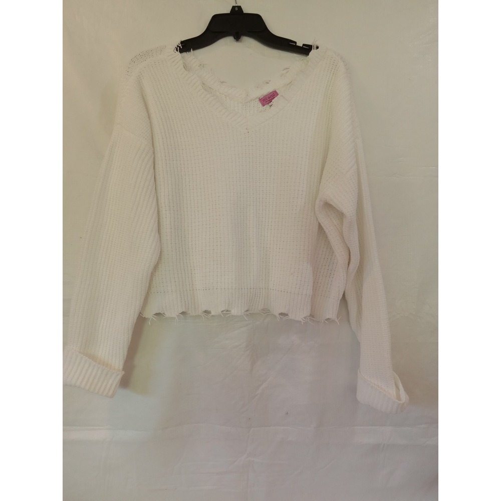 mi ami for Francesca's White Knit Sweater Distressed V Neck Cropped Medium